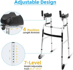 Foldable Stand Up Walker with Armrest Pad Support - 7-Height Adjustable Platform Aluminum Standard Walkers, Handicap