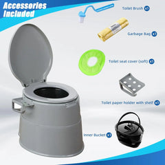 Portable toilet for elderly  with included accessories on a white background