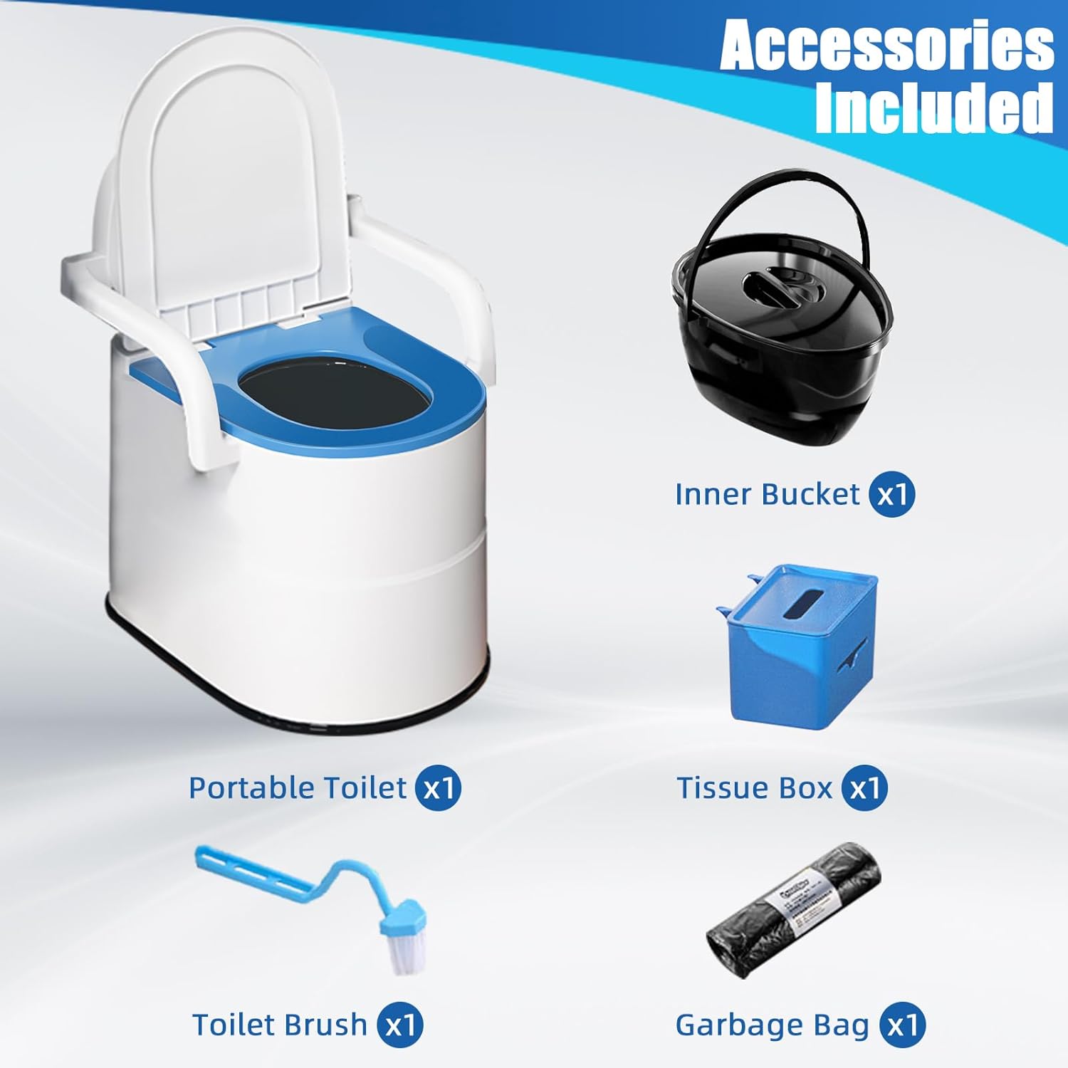 Bedside Commode Toilet, Portable Toilet with Full-Surround Anti-Slip, Armrests, Double Layer Odor Sealed, Blue