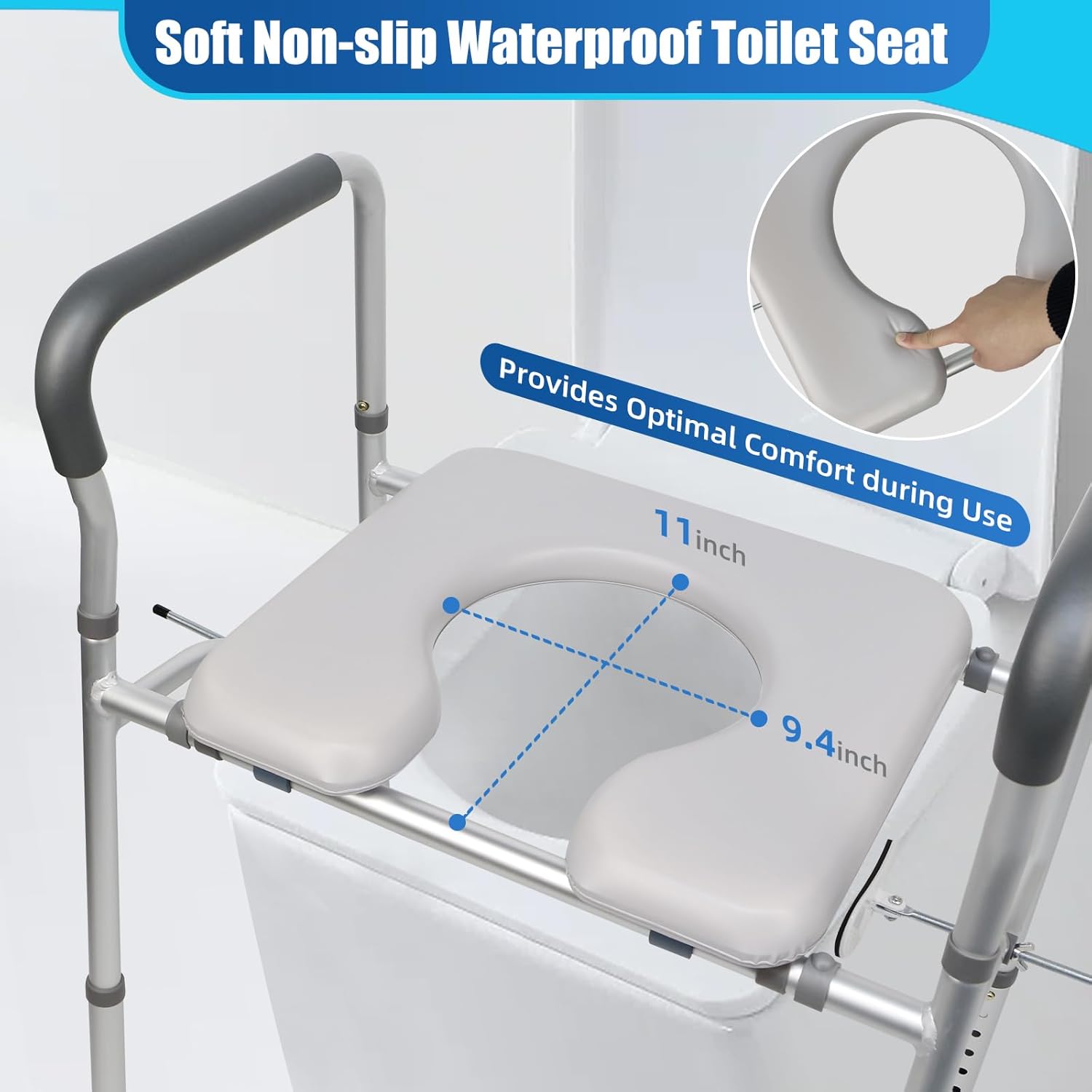 Height Adjustable Raised Toilet Seat with Handles, Total Reinforced Extra Wide High Toilet Seat with Seat Position Locate Clamp, Load Bearing 440 Pounds