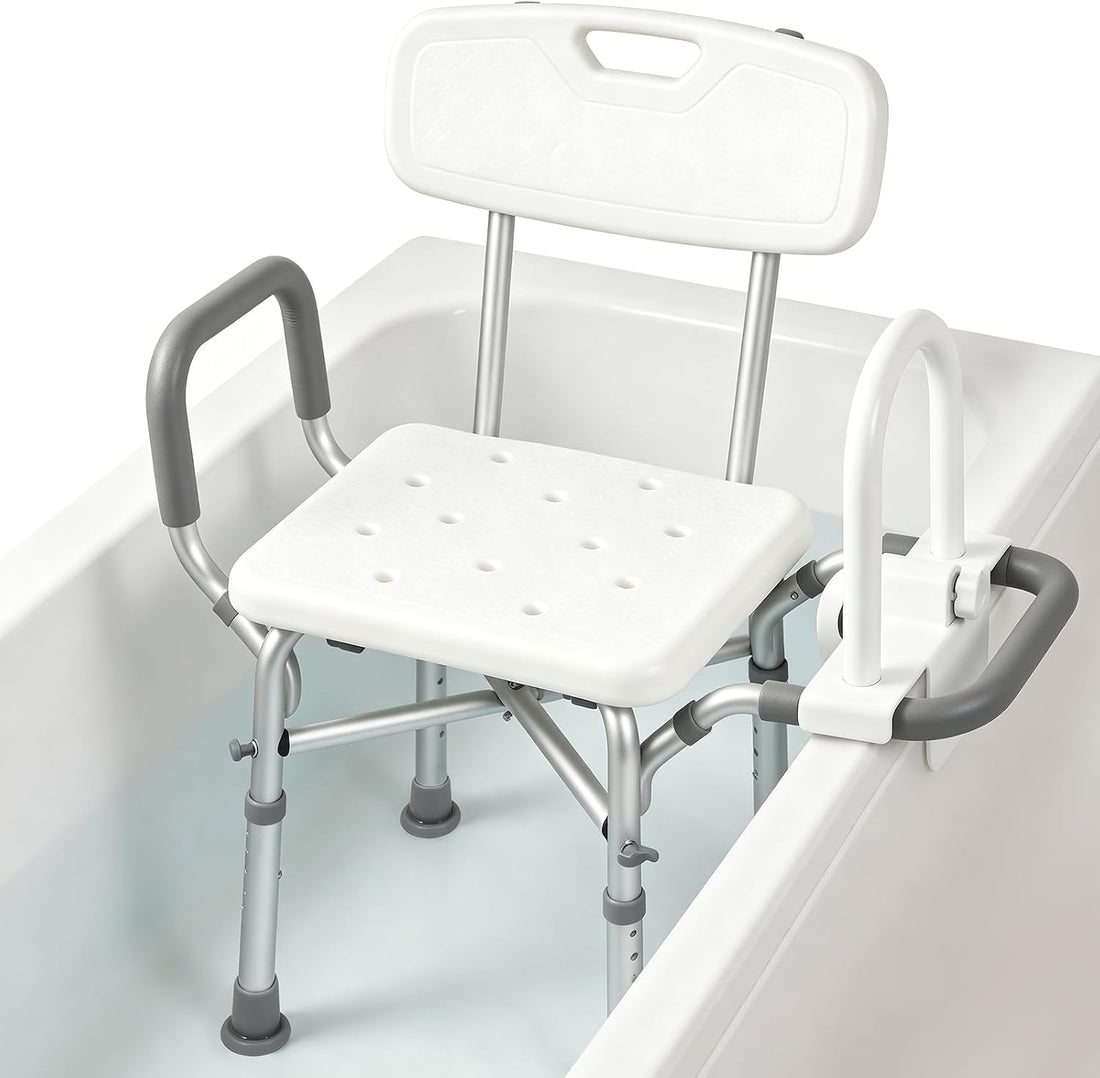Shower chair for inside bathtub with grab bar and reversible armrests