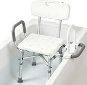 Shower chair for inside bathtub with grab bar and reversible armrests