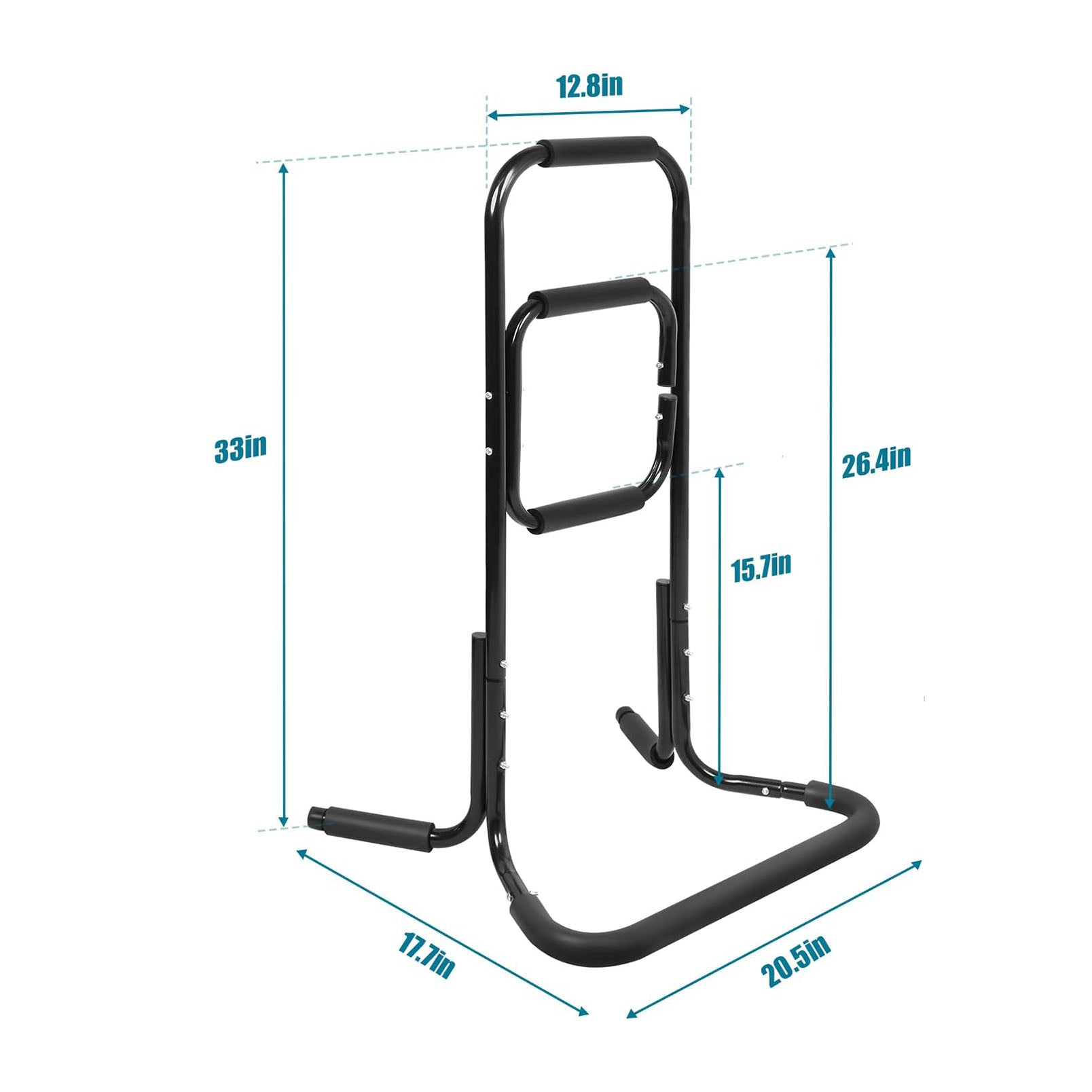 Black metal stand with dimensions labeled on a white background