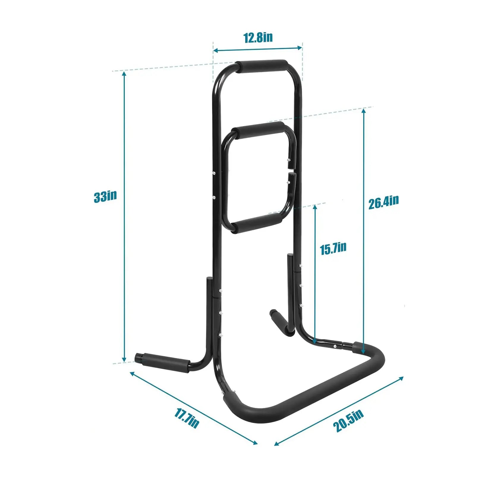 Black metal stand assist with dimensions labeled on a white background