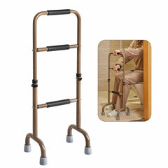 Brown walker assist with black handles on a white background