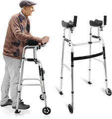 Foldable Stand Up Walker with Armrest Pad+2 Pack Universal Walker Wheels wih Bearings