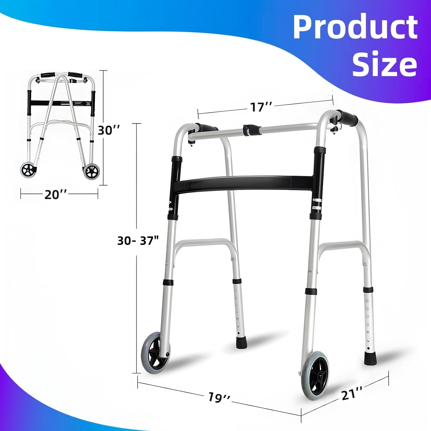 Aluminum Folding Walker with 2 Wheels, 7-Height Adjustable Compact Walkers, Stable Stand Up Walkers, 420 Lbs