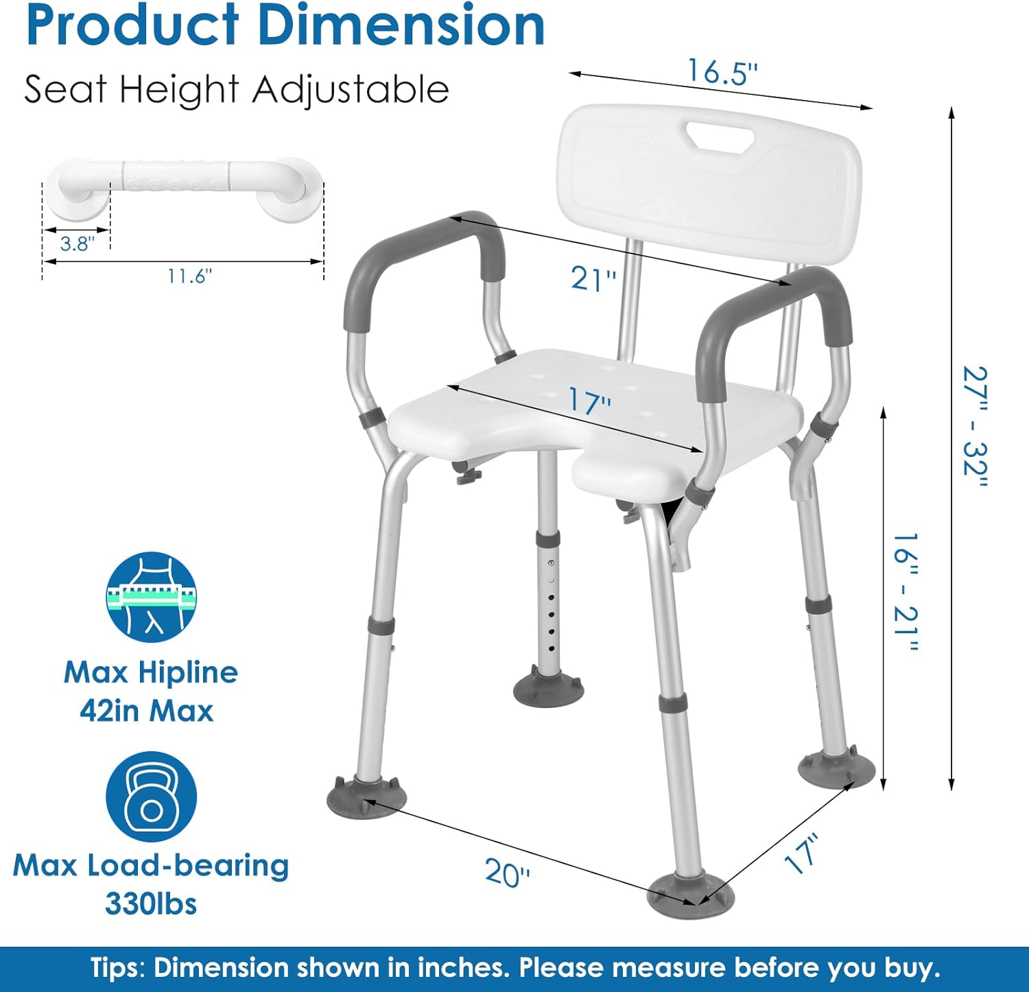 Bathroom Shower Chair with Grab Bar with Arms and Back, Heavy Duty 330lbs with Cutout Seat & Cold-Proof Pads for Inside Shower