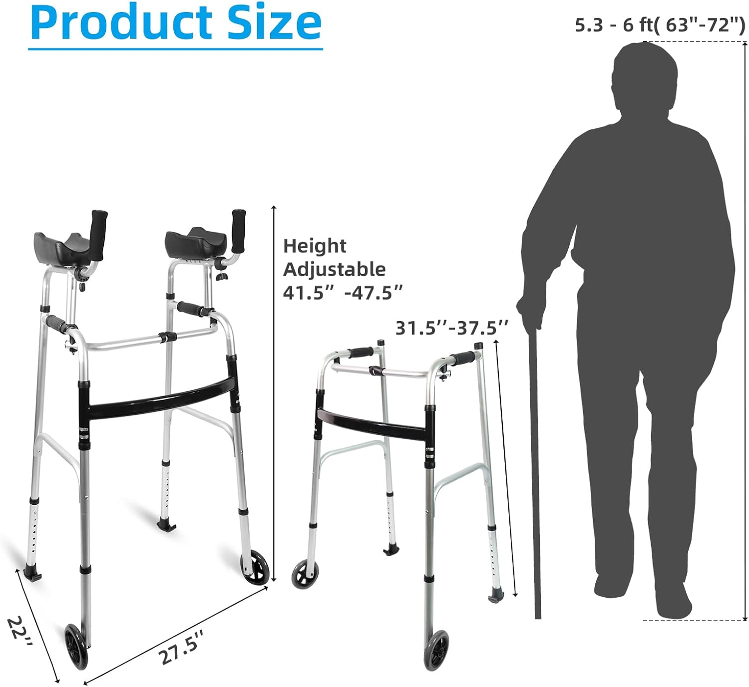 Foldable Stand Up Walker with Armrest Pad Support - 7-Height Adjustable Platform Aluminum Standard Walkers, Handicap