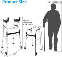 Foldable Stand Up Walker with Armrest Pad+2 Pack Universal Walker Wheels wih Bearings