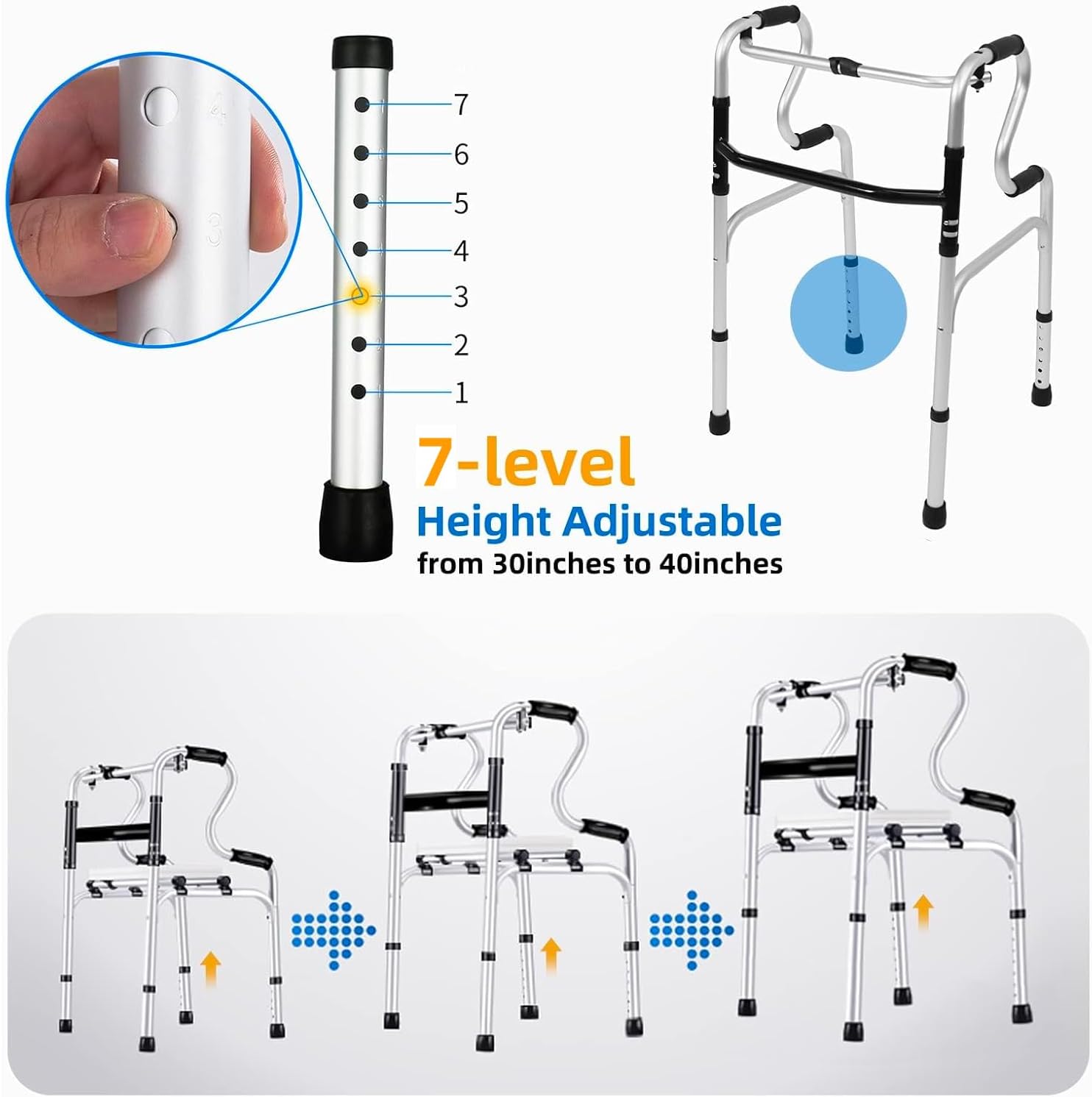 7-Height Adjustable Aluminum Foldable Walker with 2 Wheels, Stepped Handrail Assisted Getting Up Walker, Fixed & Flexible Modes