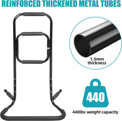 Black metal stand assist with reinforced thickened metal tubes, showing a close-up of the tube and weight capacity label 440lbs.