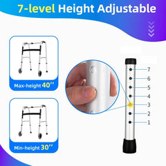 Aluminum Folding Walker with 2 Wheels, 7-Height Adjustable Compact Walkers, Stable Stand Up Walkers, 420 Lbs