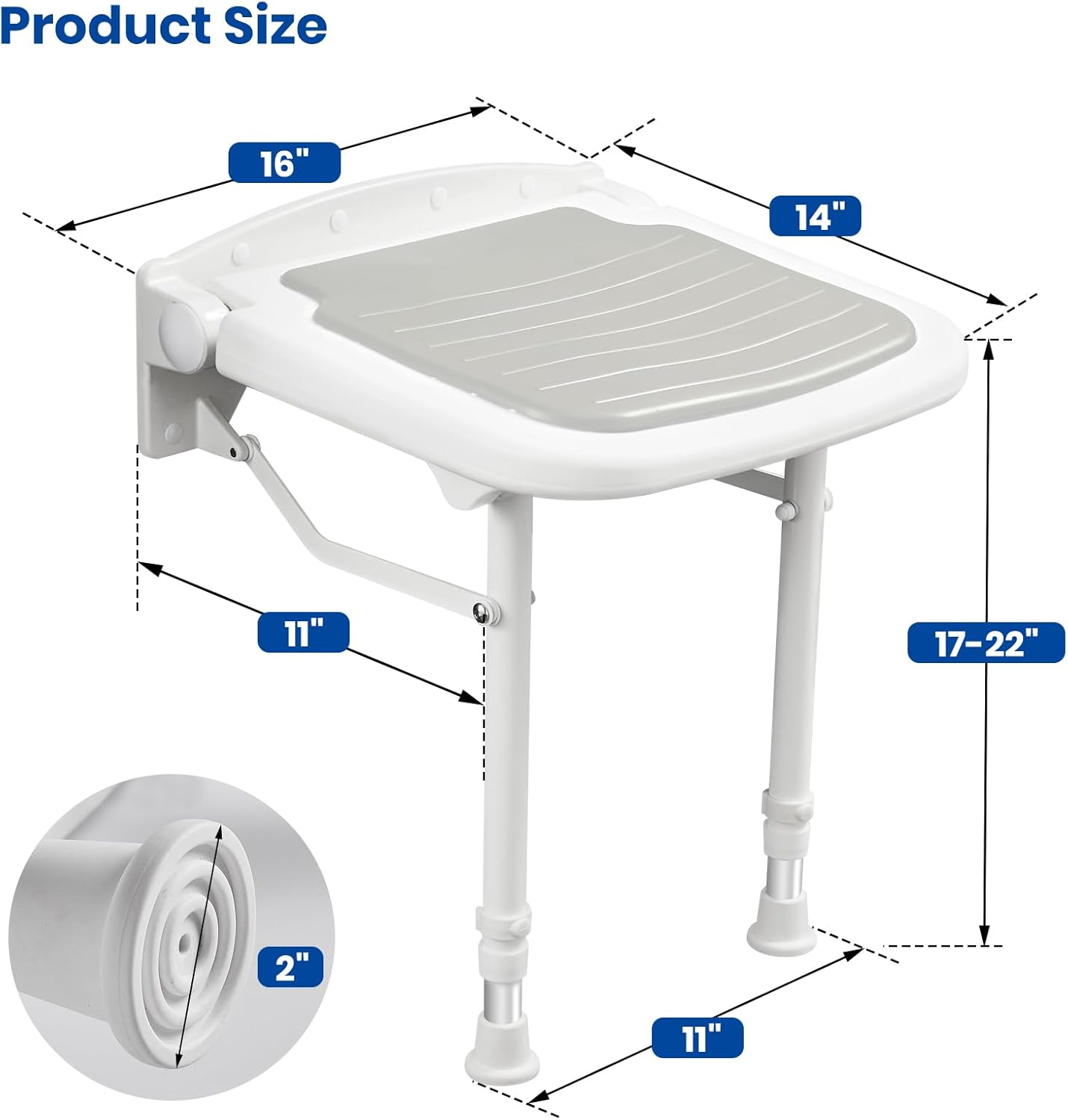 Folding Wall Mounted Shower Seat, Support 550lbs, Adjustable Height Folding Shower Bench