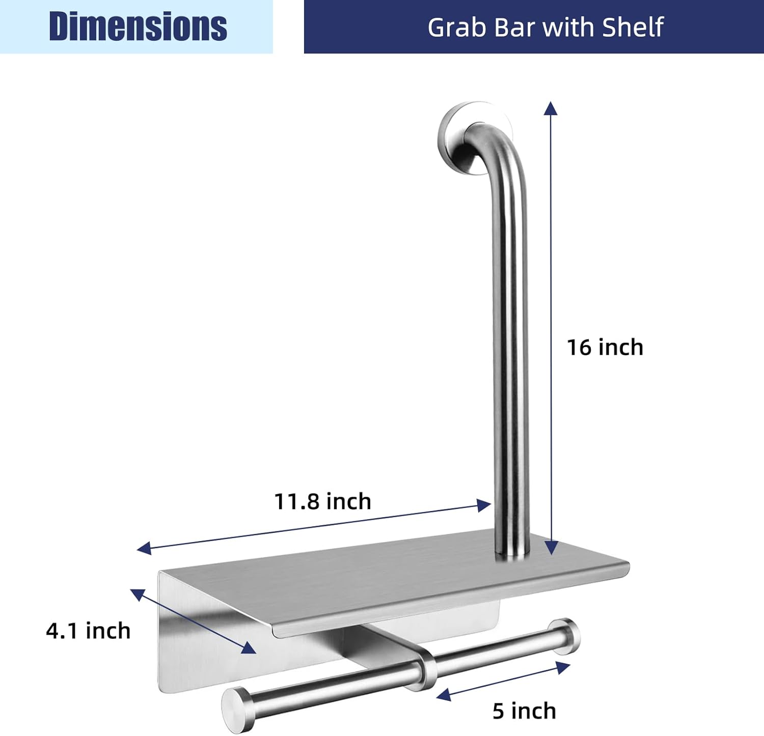 Grab Bar Toilet Paper Holder Combo, 3-in-1 Grab Bar with Shelf & 2 Toilet Paper Holder, Wall-Mounted Decorative Grab Bars, Heavy Duty, Up to 500lbs