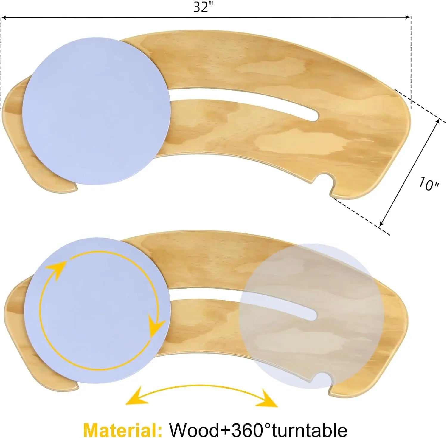 Wooden patient and elderly transfer board with a 360-degree turntable feature, showing measurements and material details.