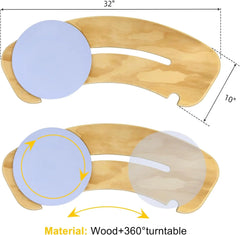 Wooden patient and elderly transfer board with a 360-degree turntable feature, showing measurements and material details.