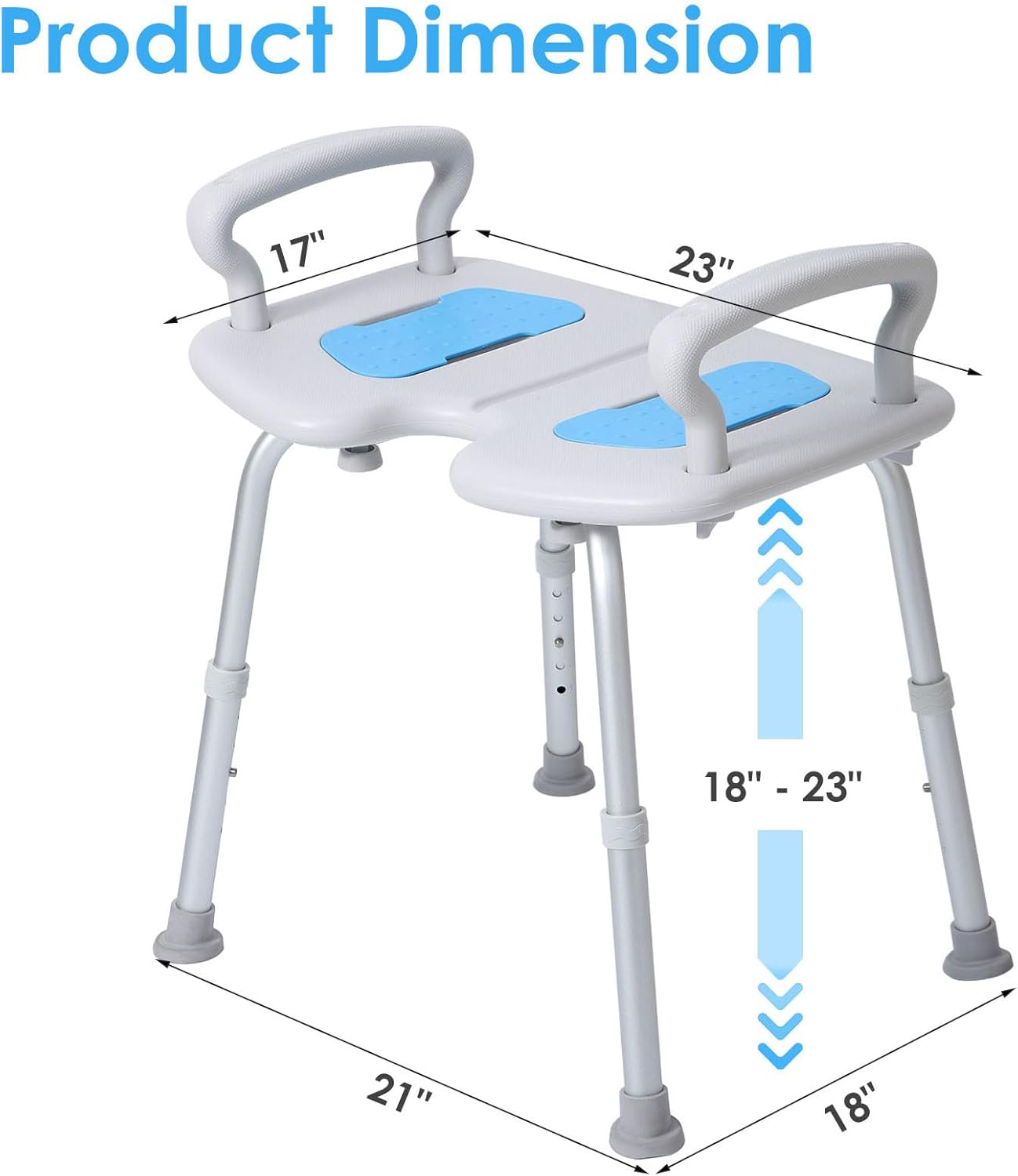 Extra Wide 23-Inch Adjustable Shower Stool with Arms, Cutout Seat, 350lbs Capacity