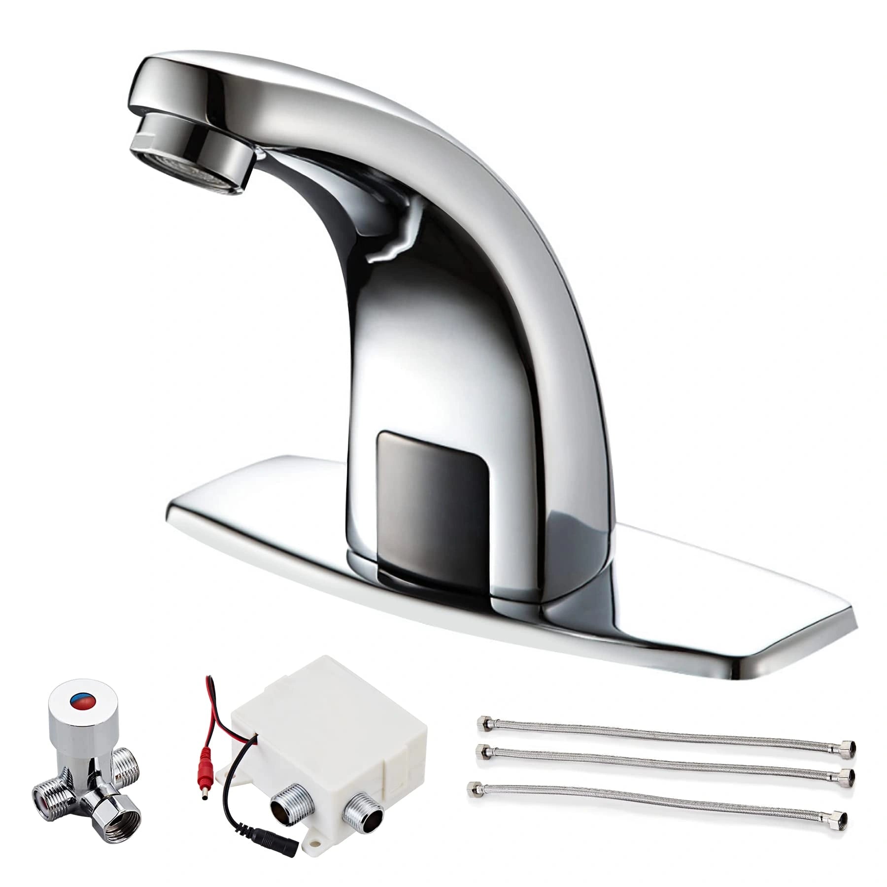 Hands-free chrome touchless faucet with motion sensor installed on a white bathroom sink