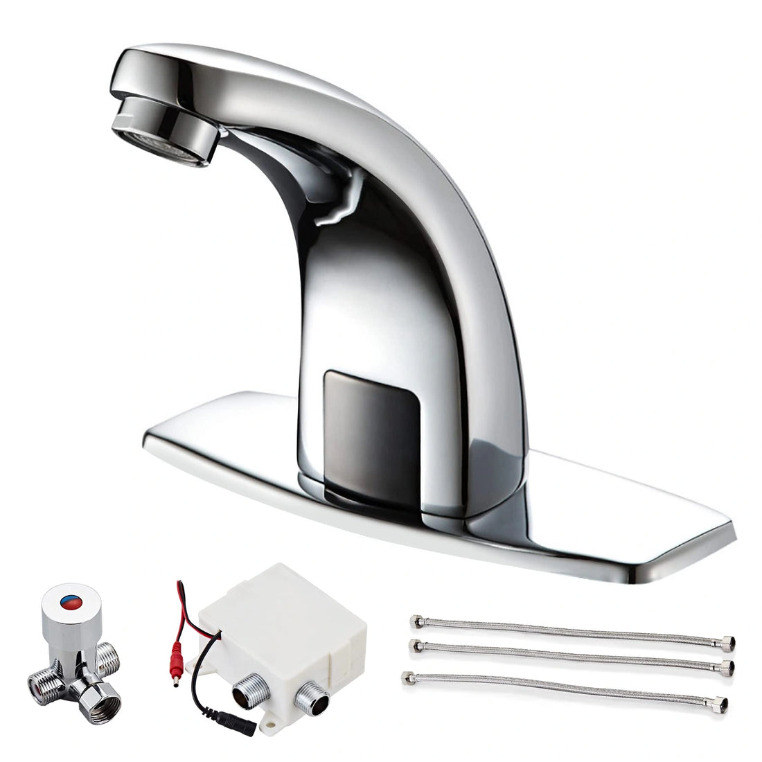 Hands-free chrome touchless faucet with motion sensor installed on a white bathroom sink