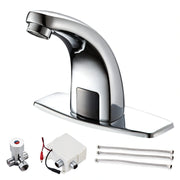 Hands-free chrome touchless faucet with motion sensor installed on a white bathroom sink