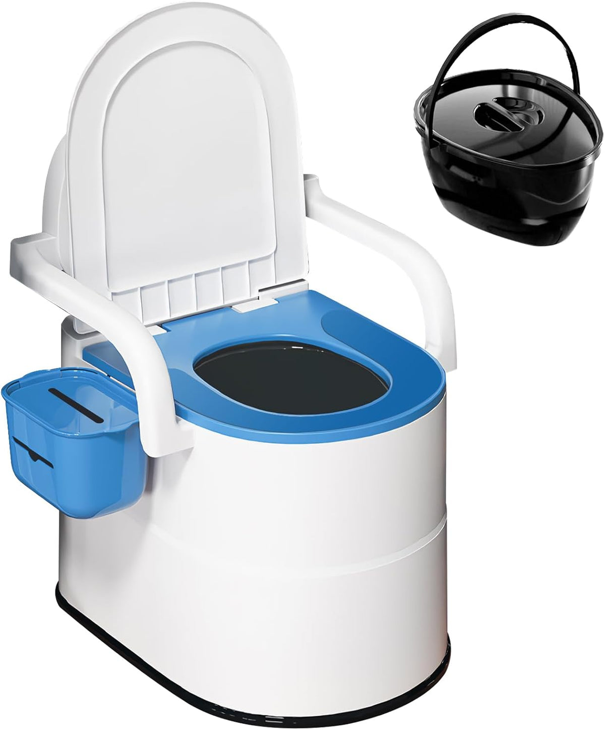 Bedside Commode Toilet, Portable Toilet with Full-Surround Anti-Slip, Armrests, Double Layer Odor Sealed, Blue