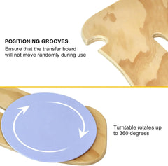 Wooden transfer board with positioning grooves and a turnable blue disc illustration.