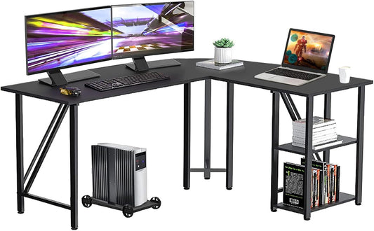 60"x55" L Shaped Computer Desk with Monitor Stand and 2 Layers Storage Rack