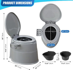 Portable toilet with dimensions labeled on a white background