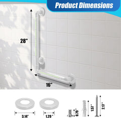 L Shaped Grab Bar for Wall, 16x28 Inch Angled Grab Bar with Luminous Strips and Luminous Rings, Handicap Grab Bar for Shower, Non-Slip Toilet Safety Rail, 660lbs, White