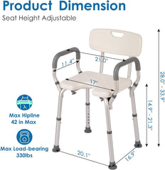 Bathroom Shower Chair with Arms and Back, Heavy Duty 330lbs with Cutout Seat & Cold-Proof Pads for Inside Shower