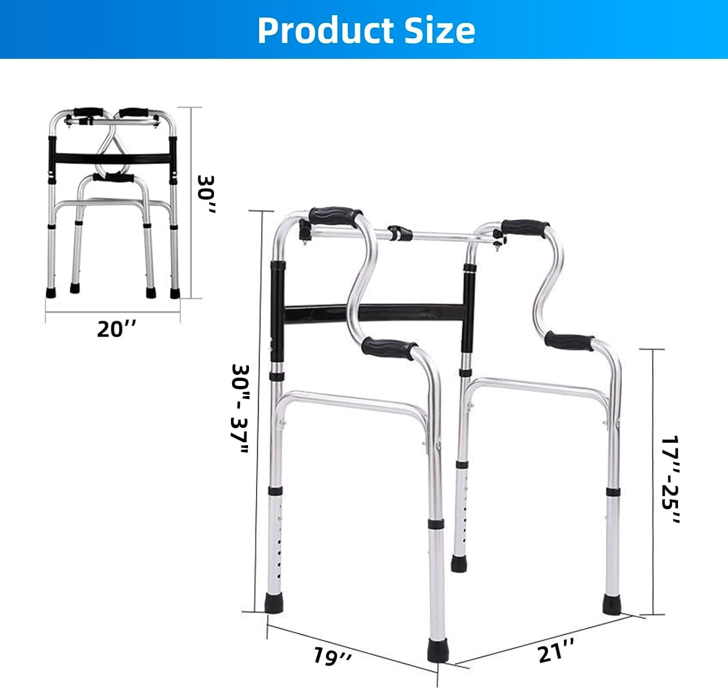 7-Height Adjustable Aluminum Foldable Walker with 2 Wheels, Stepped Handrail Assisted Getting Up Walker, Fixed & Flexible Modes