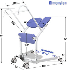 Measurement chart of a patient transfer device with dimensions labeled