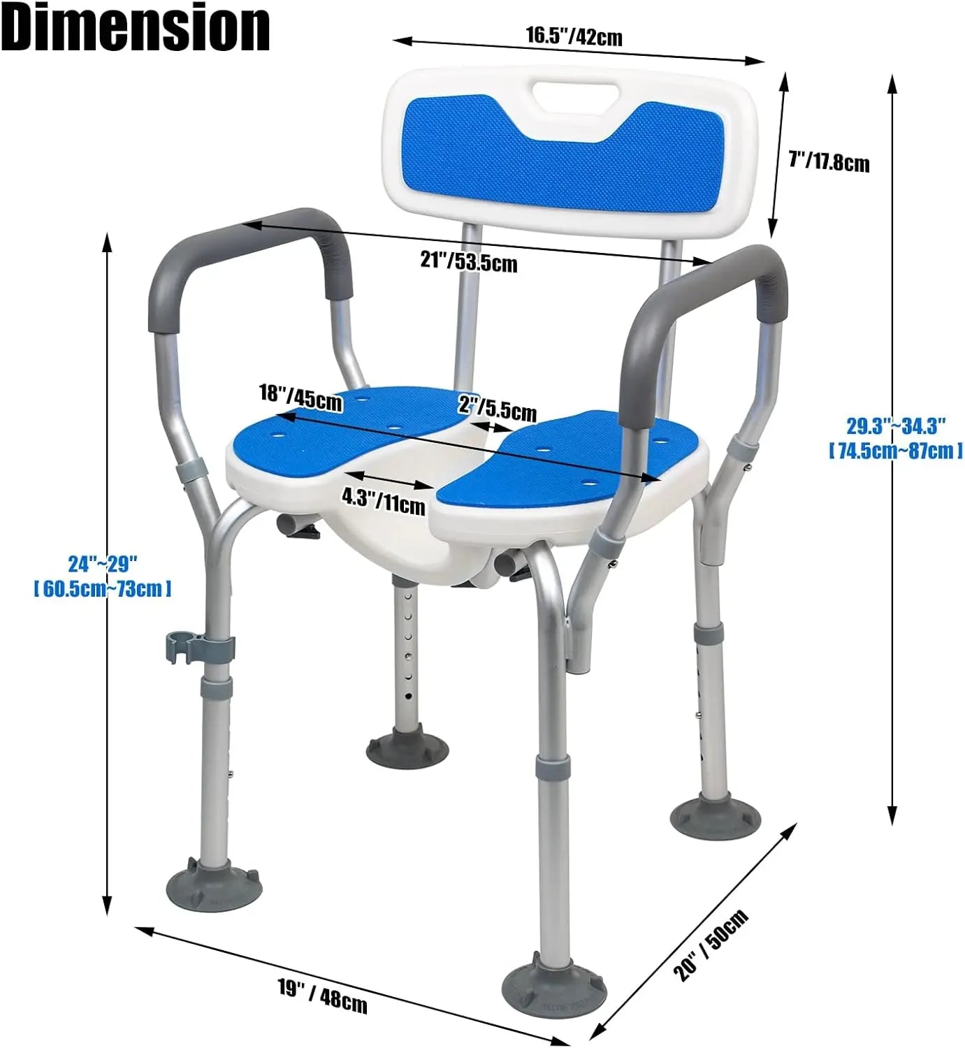 Bath chair with blue seats and gray handles, shown with dimensions on a white background.