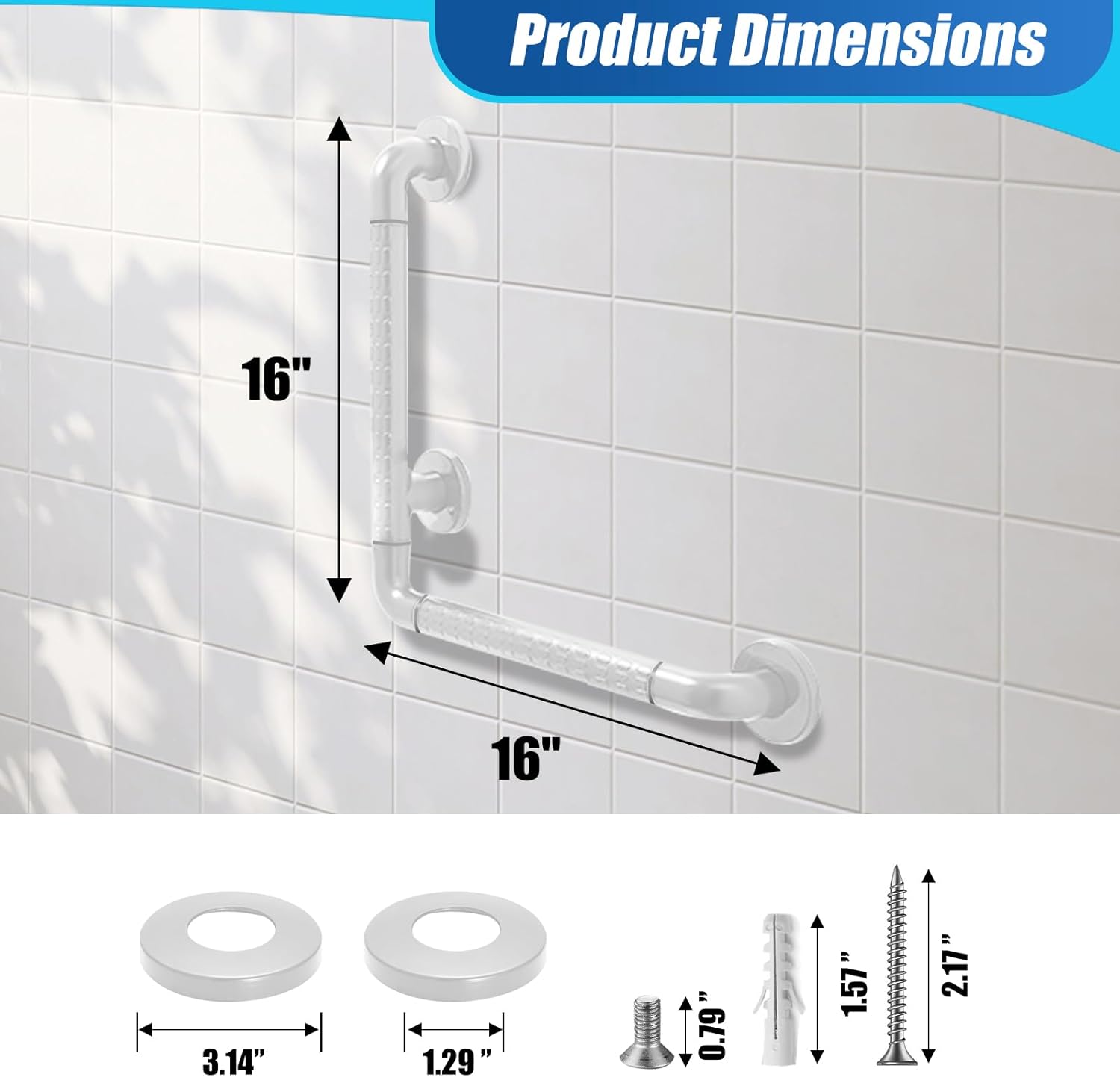 16x16 Inch L-Shaped Heavy Duty Non-Slip Wall Mount Handicap Grab Bar