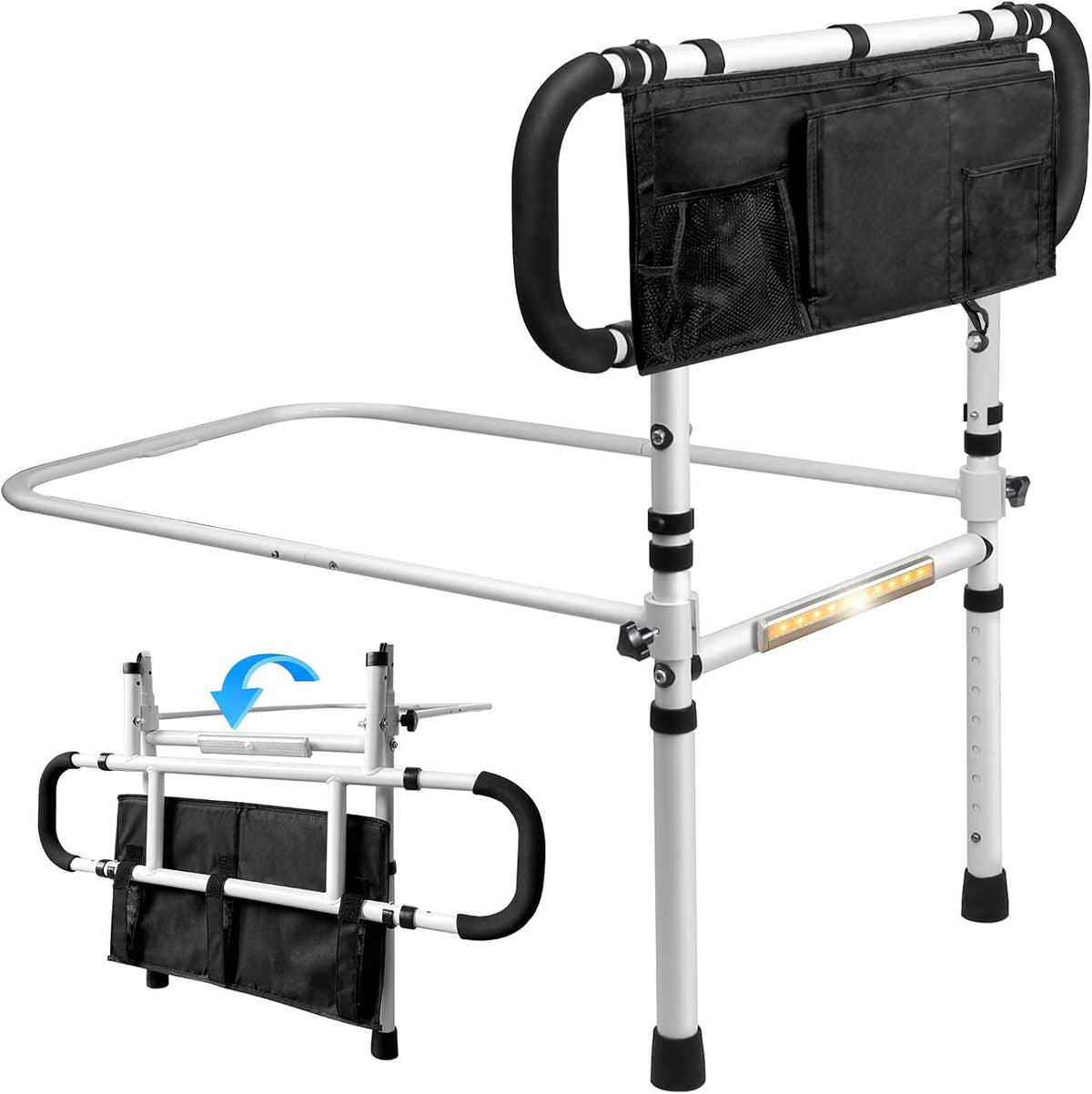 Bed Rails for Elderly with Sensor Light, Adjustable Height & Extendable Bed Assist Bar,Foldable Bed Rails with Large Storage Pocket for Seniors,450LBS Capacity Heavy Duty Adult Bed Rail Bed Cane