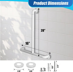 T Shaped Grab Bar for Wall, 16x28 Inch Angled Grab Bar with and Luminous Rings, Handicap Grab Bar for Shower, Grab Bar Extension, Non-Slip Toilet Safety Rail, 660lbs, White