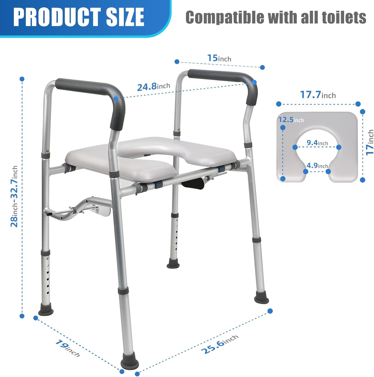 Height Adjustable Raised Toilet Seat with Handles, Total Reinforced Extra Wide High Toilet Seat with Seat Position Locate Clamp, Load Bearing 440 Pounds