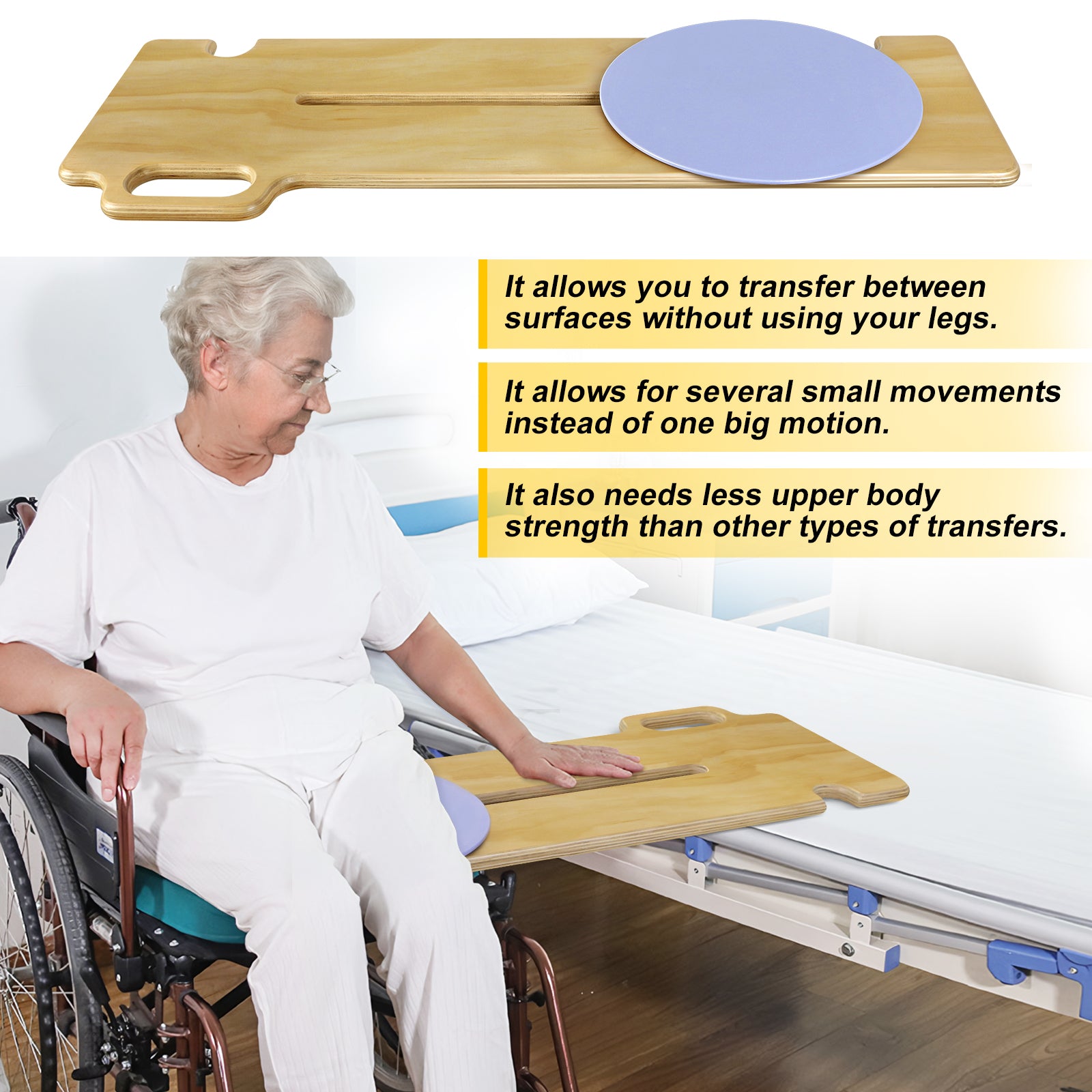 Older woman seated in a wheelchair beside a bed, with a wooden transfer board bridging the two surfaces and a blue rotating seat disc positioned near the wheelchair.