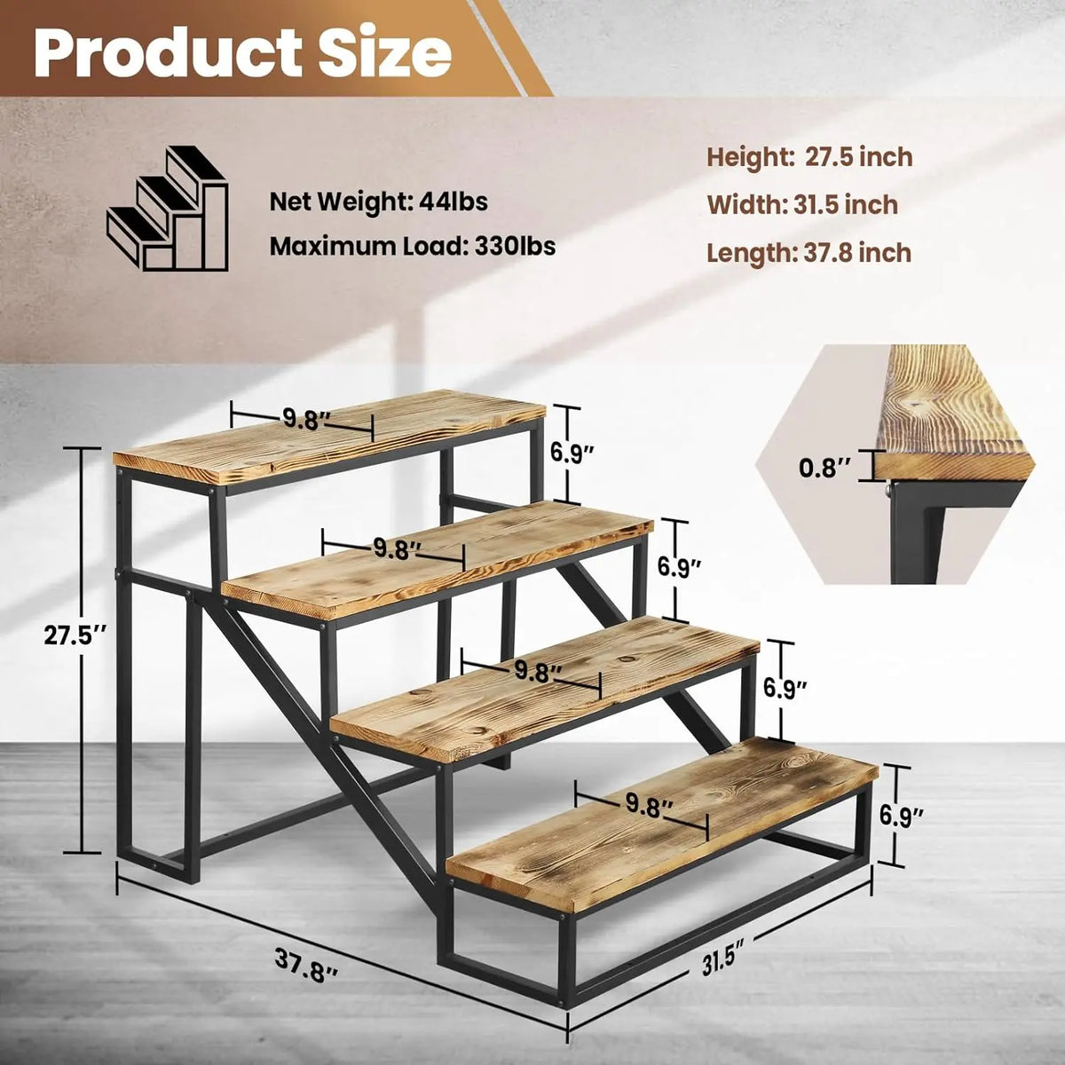Wooden steps with metal frame and dimensions displayed