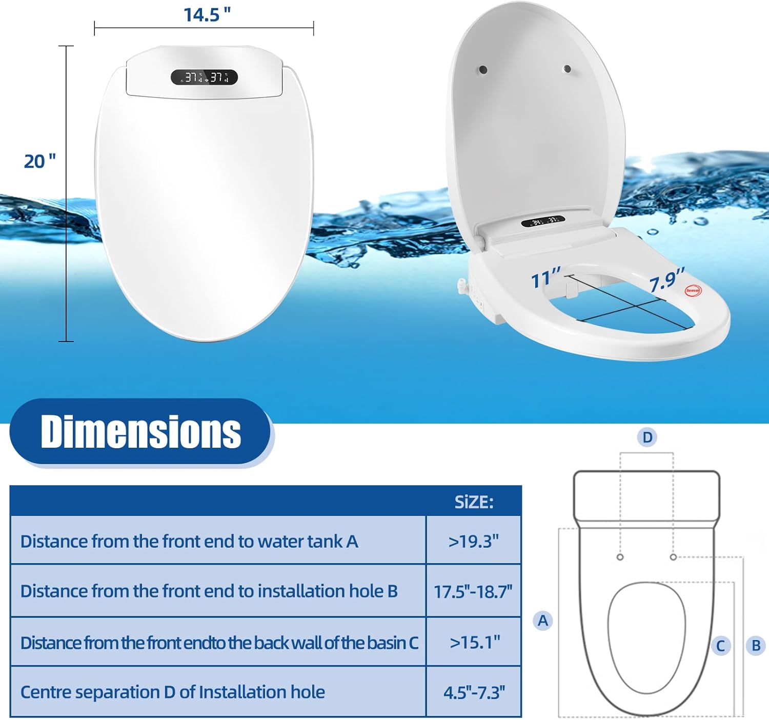 Electric Bidet Toilet Seat with Wireless Remote - Elongated Heated Bidet Toilet Seat with Quick Access Sidebar, Bidet Warm Water with Dryer, LED Nightlight, Self-Clean Nozzle, Slow Close