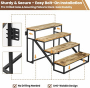 Wooden steps with metal frame and text about installation and features