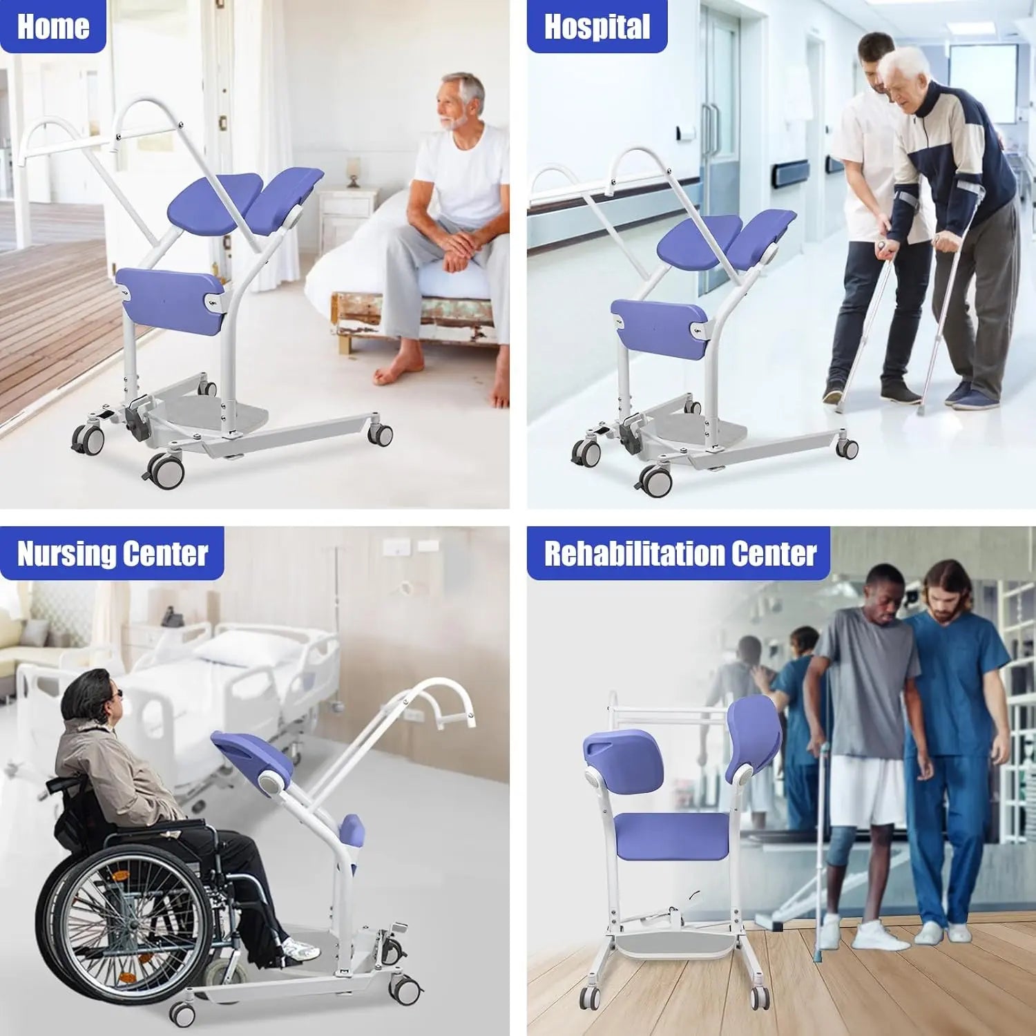 Multifunctional patient lift in various settings including home, hospital, nursing center, and rehabilitation center.