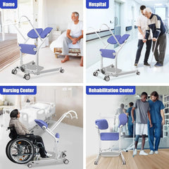 Multifunctional patient lift in various settings including home, hospital, nursing center, and rehabilitation center.