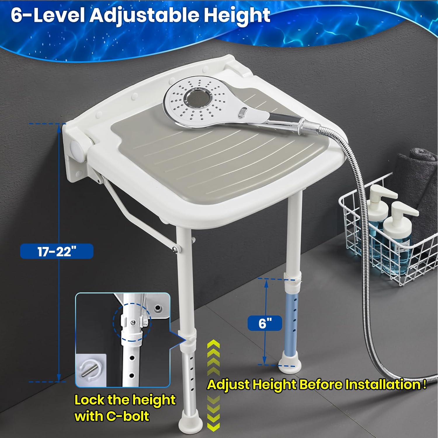 Adjustable Height Folding Wall Mounted Shower Bench Seat with Bathroom Grab Bar, Support 550lbs