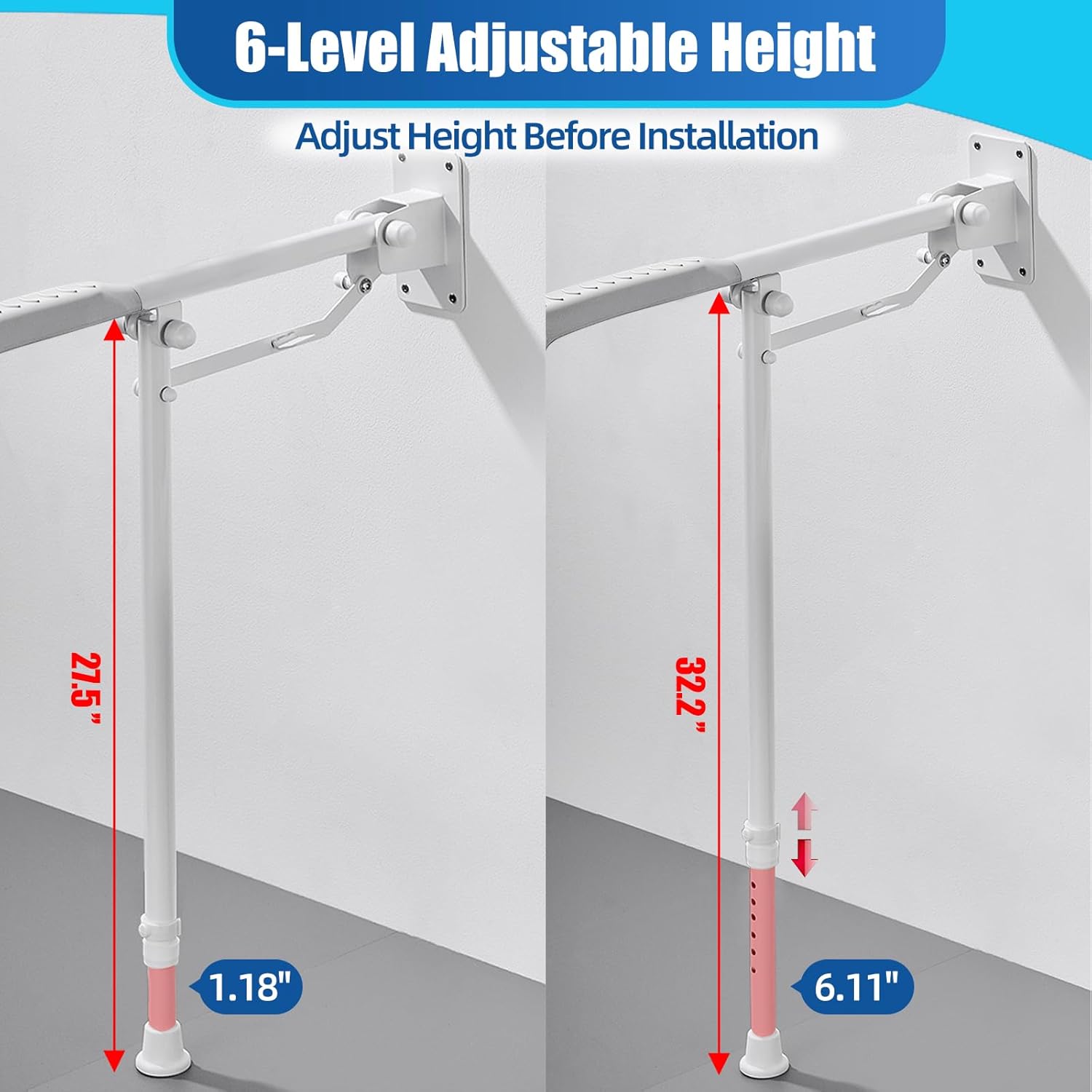 Foldable Toilet Grab Bar, 24inch Flip-up Toilet Grab Bar 660lbs, 27.5inch-32.2inch Height Adjustable Handicap Grab Bars for Wall with Anti-Slip Soft Grip