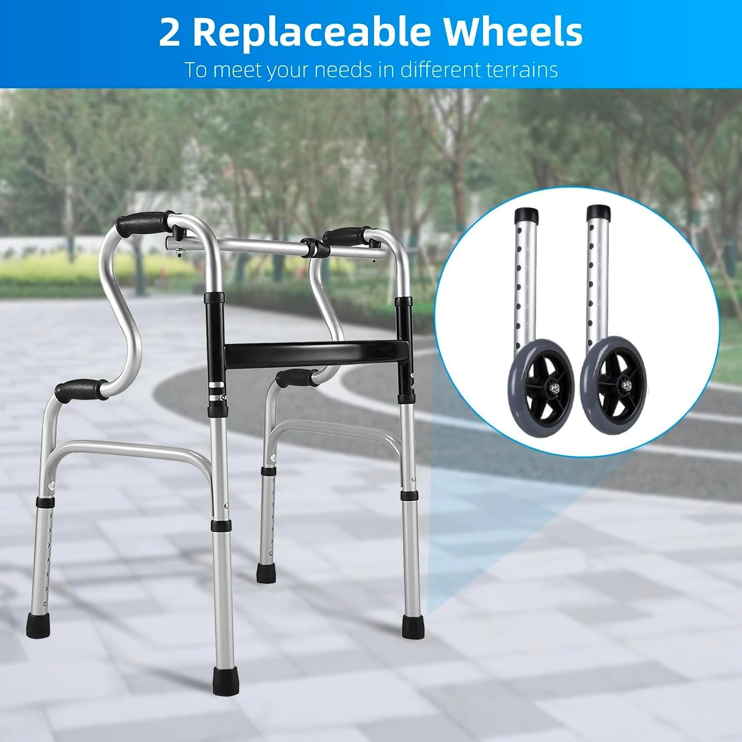 7-Height Adjustable Aluminum Foldable Walker with 2 Wheels, Stepped Handrail Assisted Getting Up Walker, Fixed & Flexible Modes