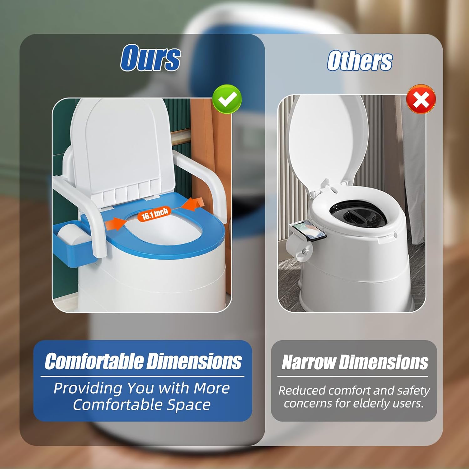 Bedside Commode Toilet, Portable Toilet with Full-Surround Anti-Slip, Armrests, Double Layer Odor Sealed, Blue