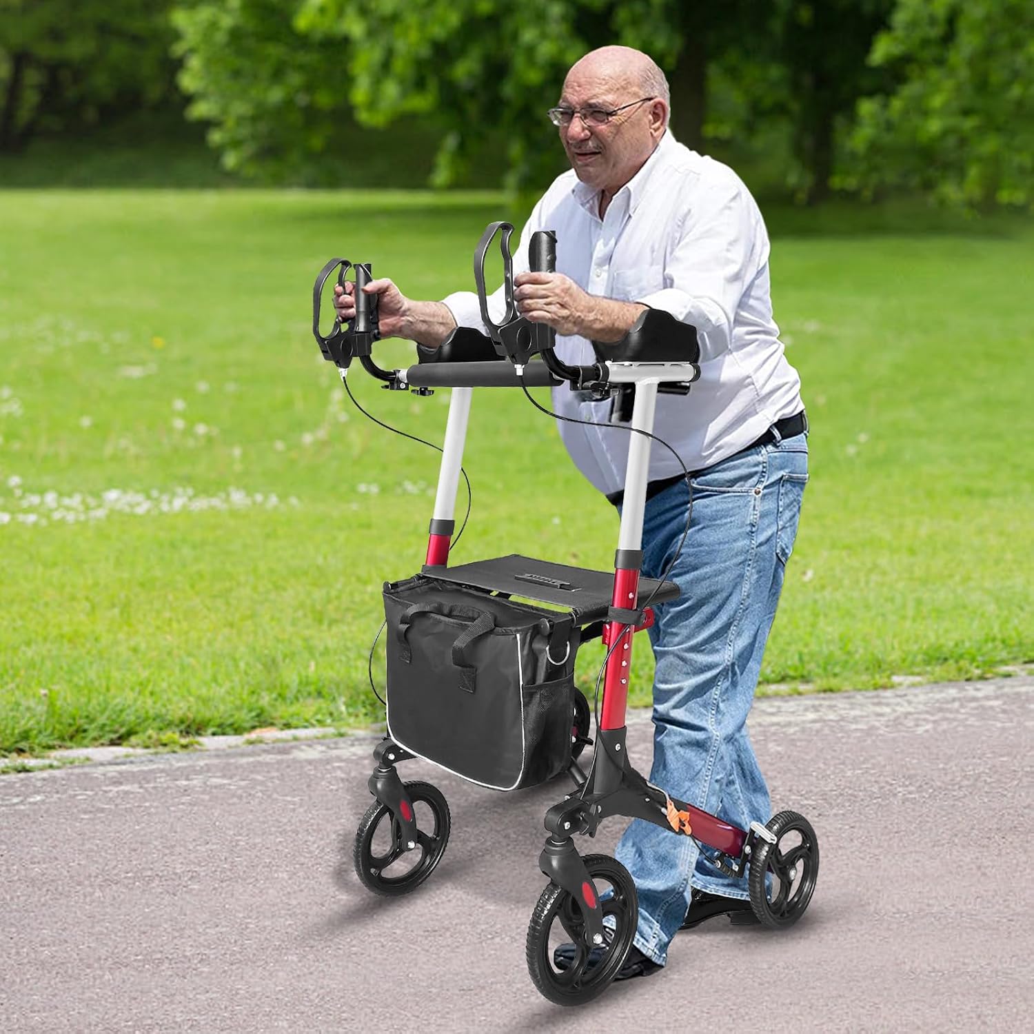 Upright Walkers for Seniors with Seat and Armrest - Outdoor Walkers for Seniors All Terrain, Foldable Rolling Walker with Seat and Brakes, 6 Height Adjustable, Detachable Bag, Red