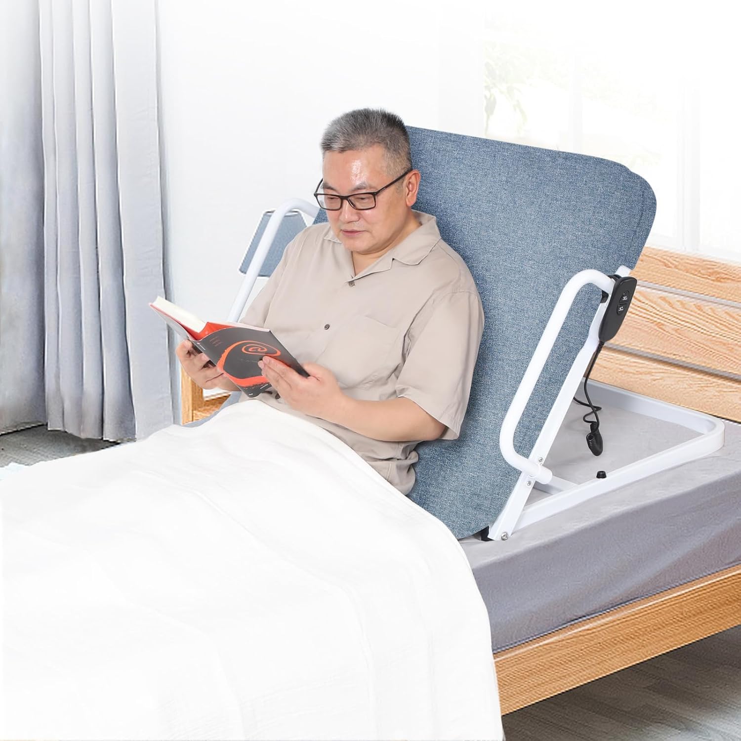 Power Lifting Bed Backrest with Wired Controller, Electric Lift Assist, Patient & Handicap, Adjustable Lumbar Back Support with Detachable Bed Pad and Removable Guardrails